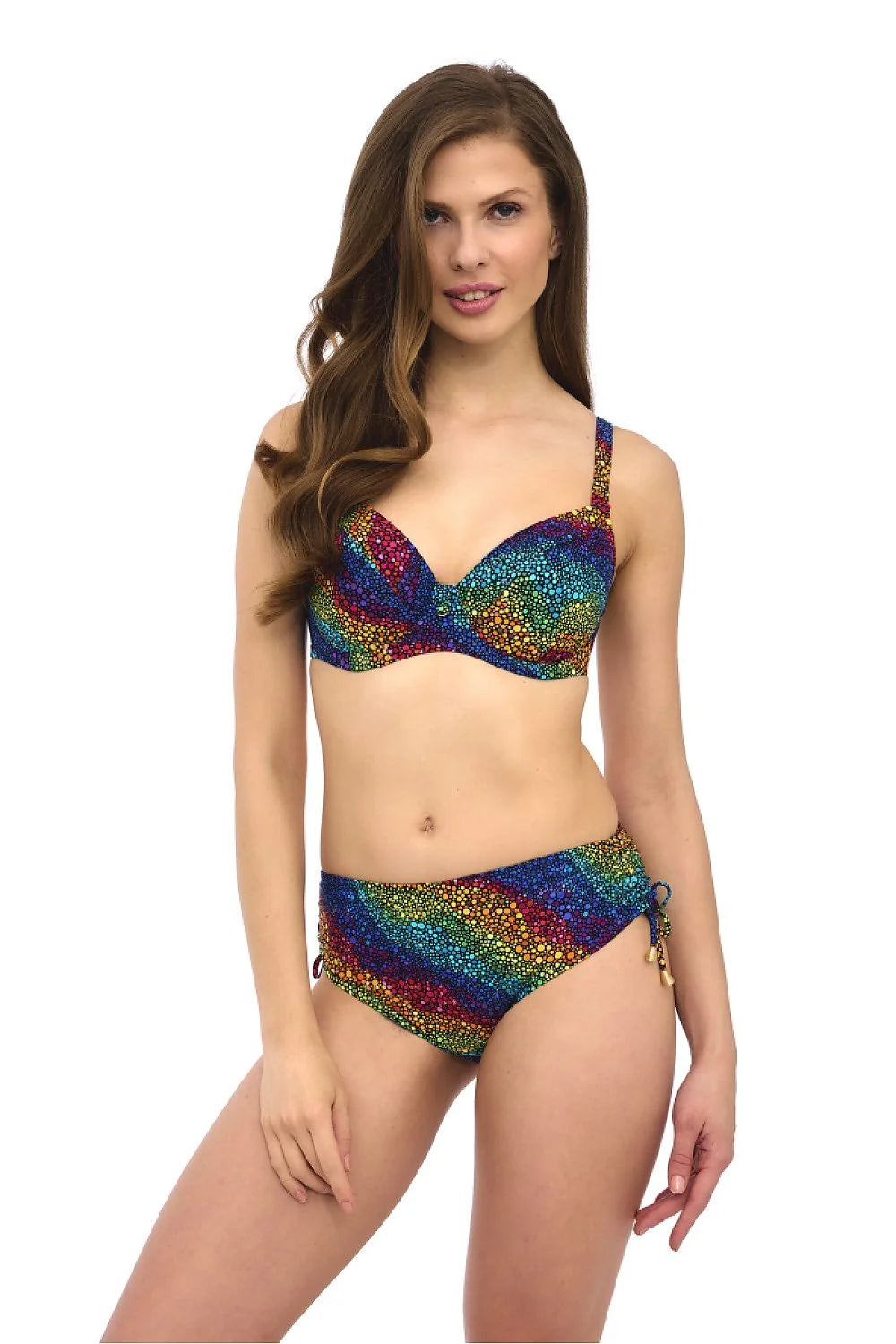 Maillot de bain femme deux pièces multicolore motif pois vibrant baleines maintien balconnet taille haute ajustable bretelles élasthanne nylon plage piscine
