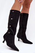 bottes femme suédine écologique noir mi mollet bout pointu talon kitten bas zippée intérieur rivets argentés silhouette élancée ajustée confortable