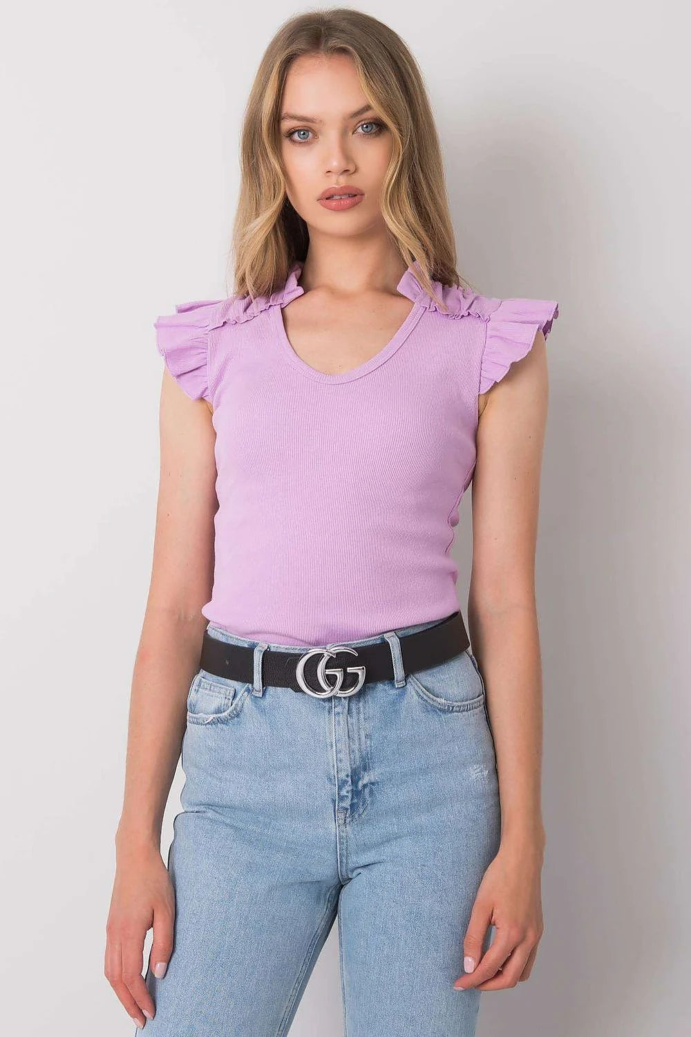 Chemisier Calben lavande manches papillon coton élasthanne taille unique S M coupe ajustée V-neck volants épaules féminin mode printemps été