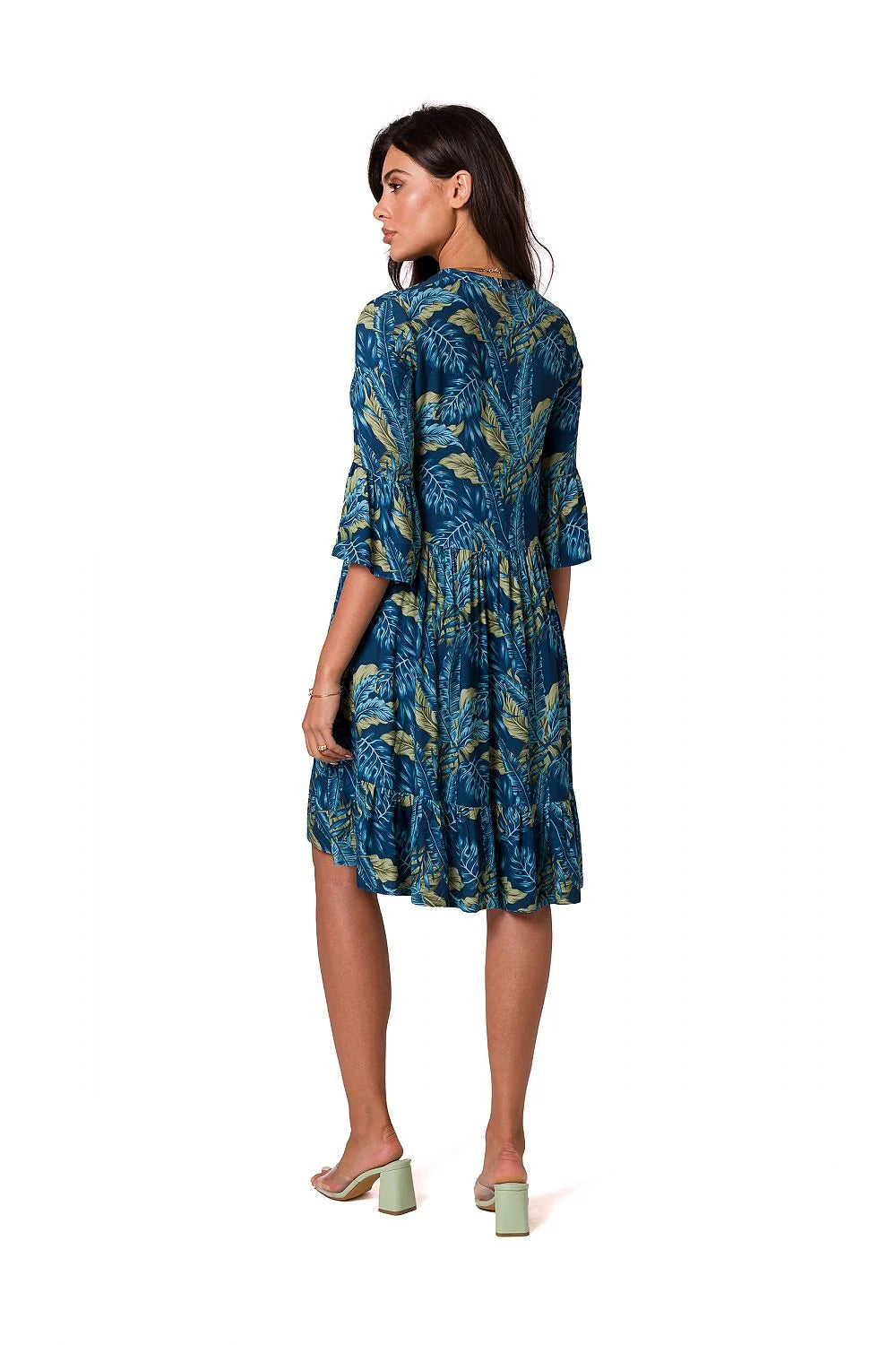 Robe tropicale élégante Be Wear manches mi-longues encolure V motifs floraux bleu profond vert longueur midi taille ajustable femme