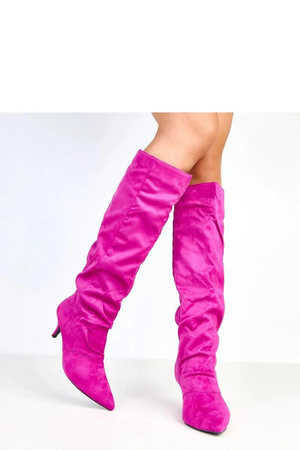 bottes femme cuir suédé écologique fuchsia hauteur genou tige fermeture éclair latérale bout pointu talon bas 6cm confortable