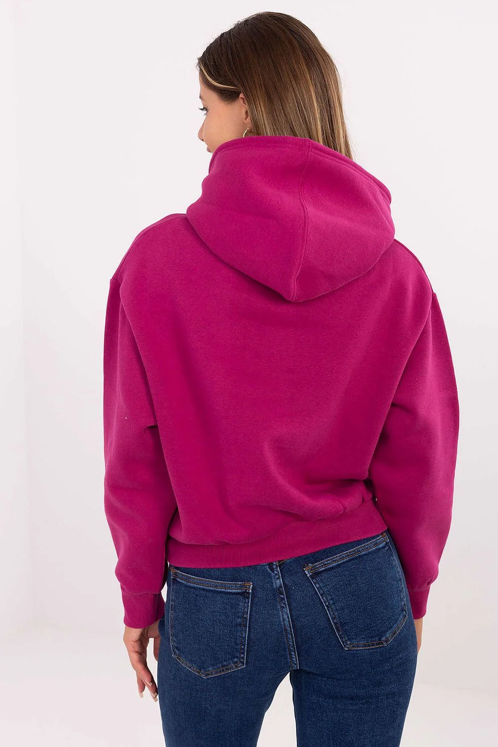 sweatshirt femme fuchsia vif molleton coupe courte manches longues poignets côtelés capuche ajustée impression tonale poitrine intérieur doux coton polyester