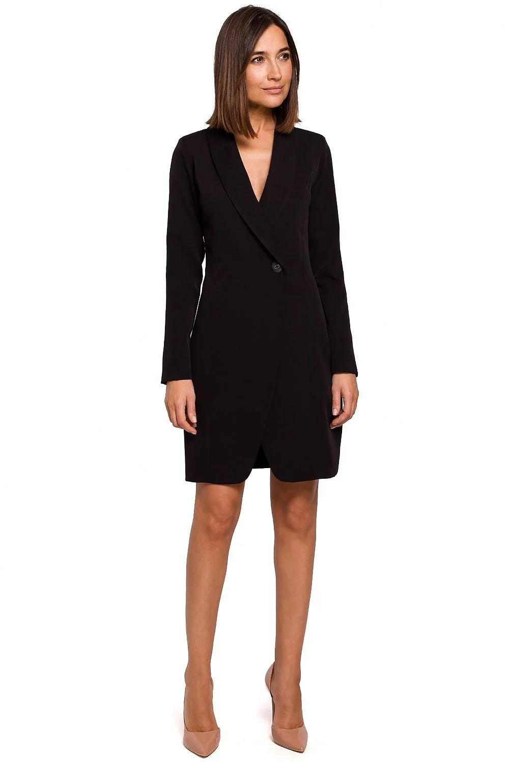 Robe-blazer blanche en polyester élastane chic et élégante, col revers, pour femme professionnelle chic
