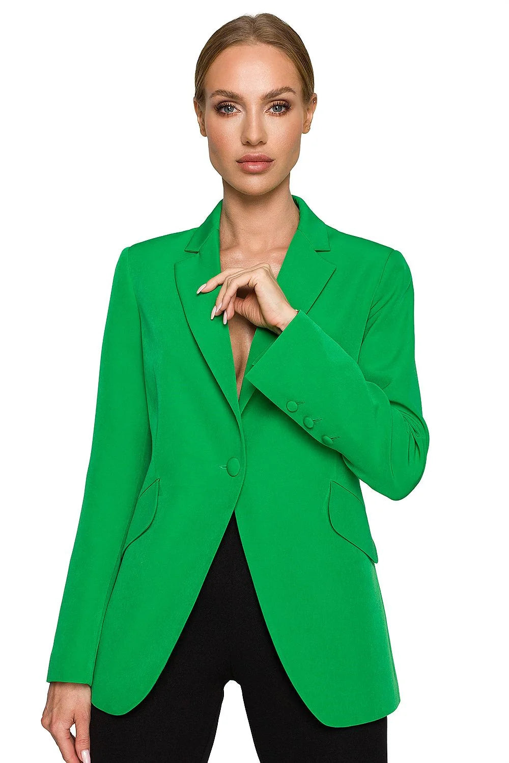 Blazer femme élégant vert éclatant coupe ajustée épaulettes discrètes poches rabat tissu de qualité polyester élasthanne