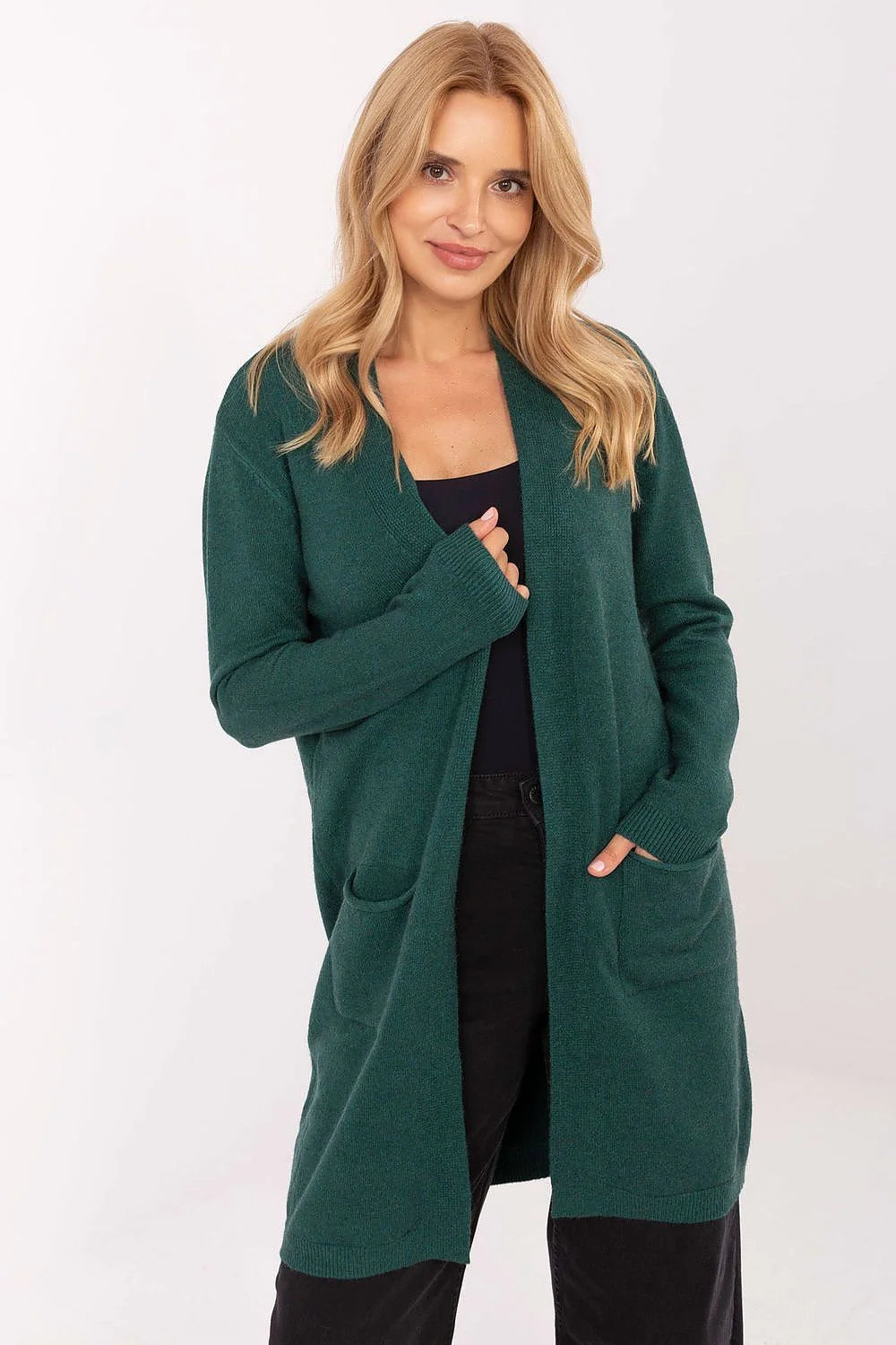 cardigan femme long ouvert maille fine vert sapin col châle mi cuisses manches longues poches plaquées