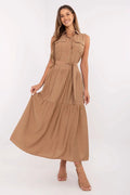 Robe élégante pour femme sans manches longue col classique ceinture ajustable viscose nylon beige mode été