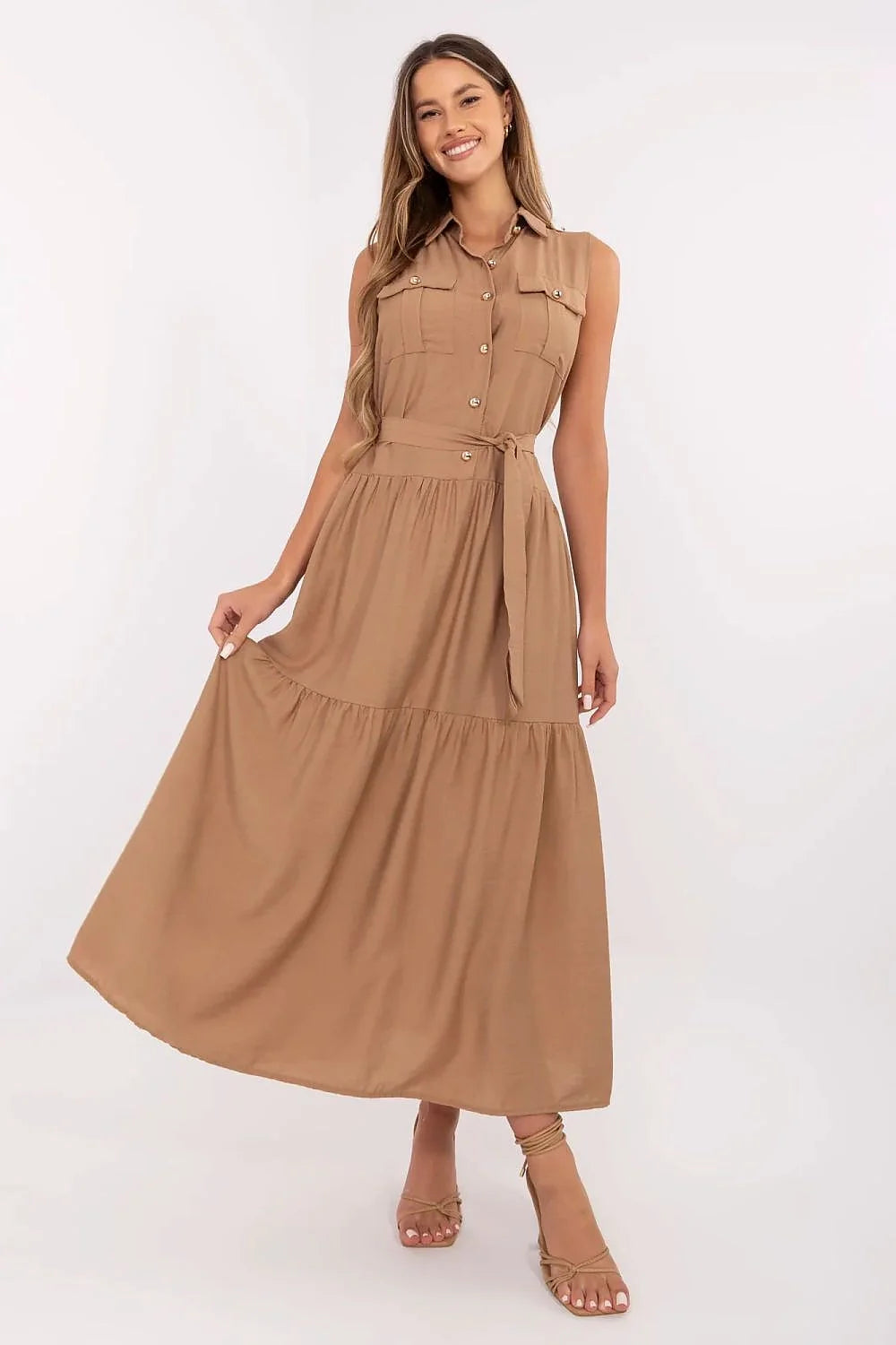Robe élégante pour femme sans manches longue col classique ceinture ajustable viscose nylon beige mode été
