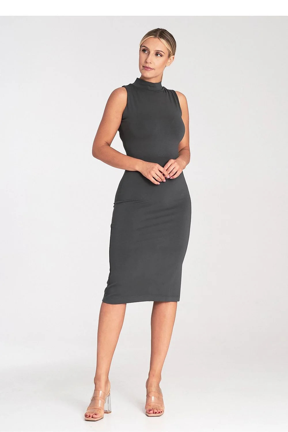 Robe de jour élégante sans manches col montant tissu uni gris matière élasthanne viscose femme taille ajustable
