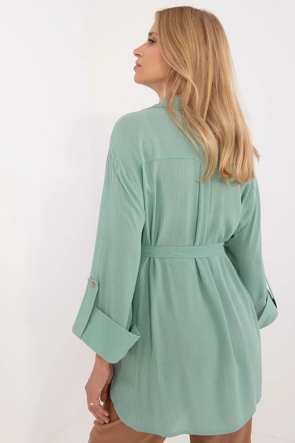 Chemise féminine décontractée Lakerta en coton vert menthe manches longues col classique ceinture ajustable mode polyvalente