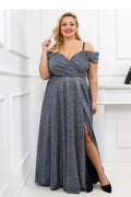 Robe de soirée élégante longue décolleté en cœur bretelles épaules nues sirène bleu-gris irisé fente haute femme