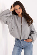 veste femme courte zippée bomber gris chiné coupe boxy oversize manches bouffantes élastiquées poches passepoilées fermeture métal doré