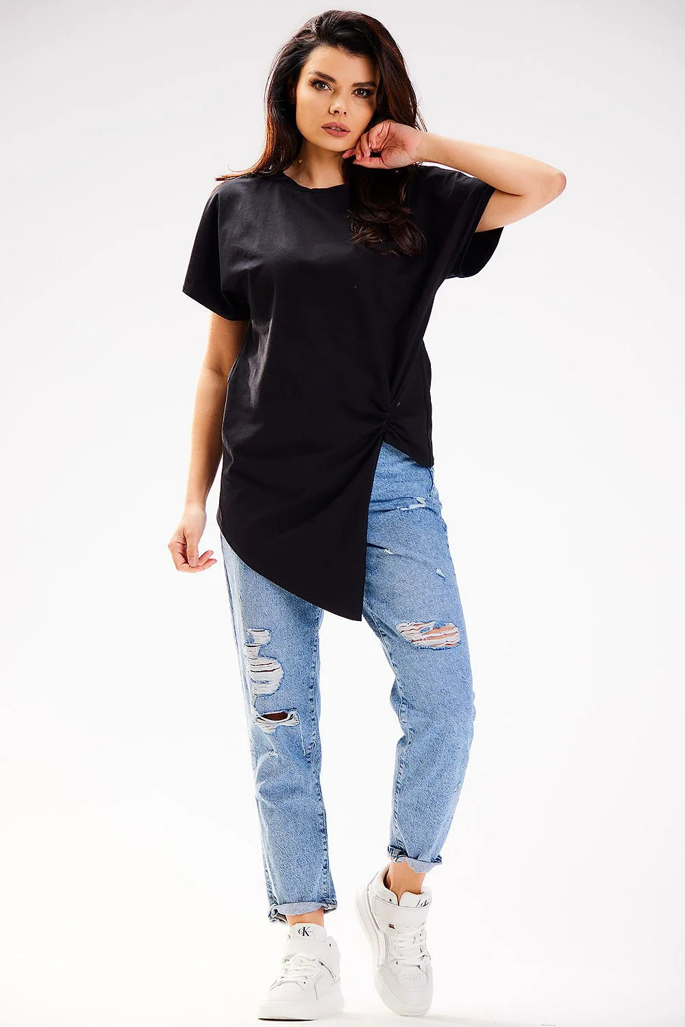 Chemisier asymétrique moderne pour femme en coton manches courtes couleur noire taille S/M-L/XL
