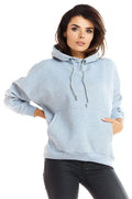 sweatshirt femme oversize molleton bleu ciel chiné coupe ample capuche cordon tressé poche kangourou poignets côtelés