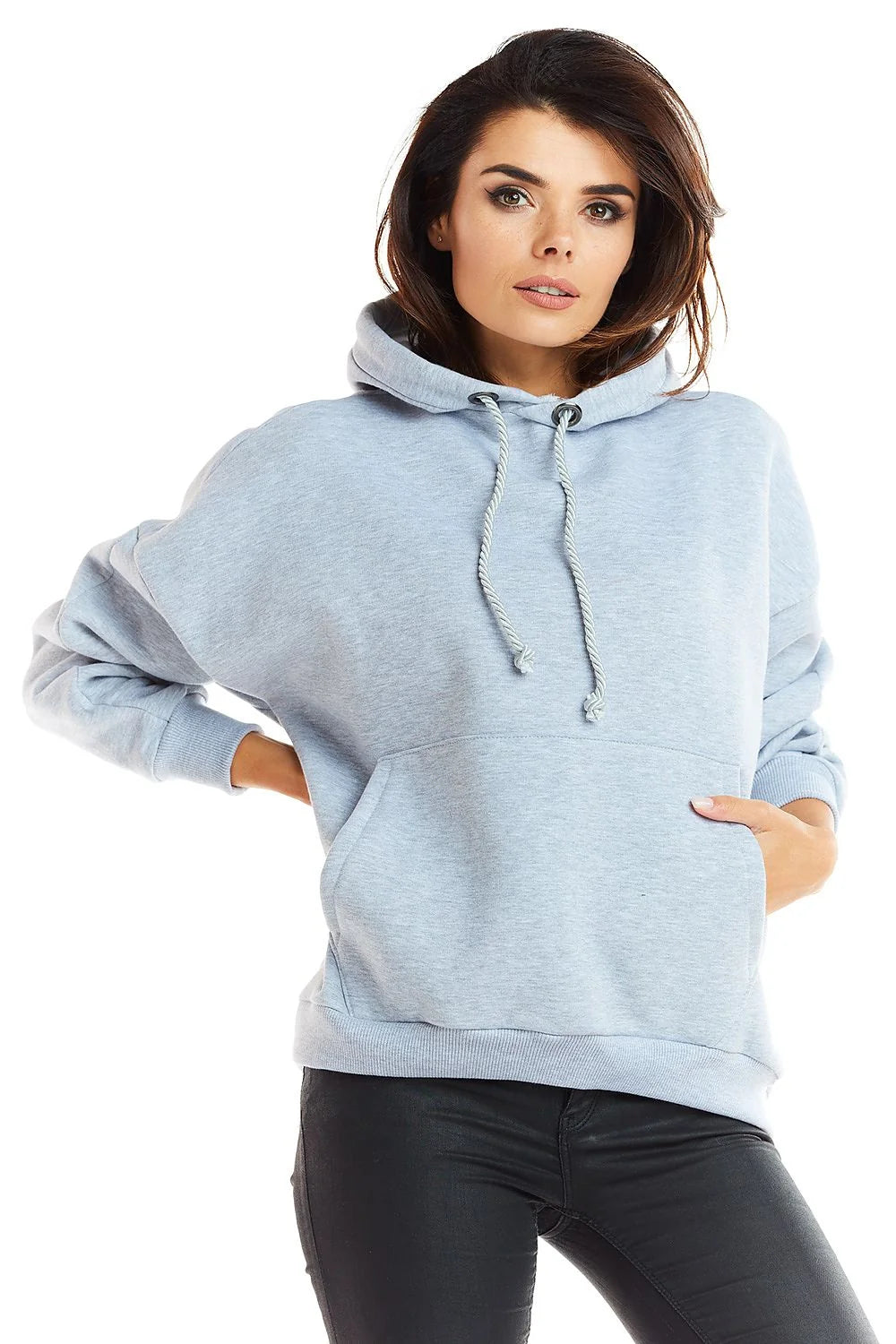 sweatshirt femme oversize molleton bleu ciel chiné coupe ample capuche cordon tressé poche kangourou poignets côtelés