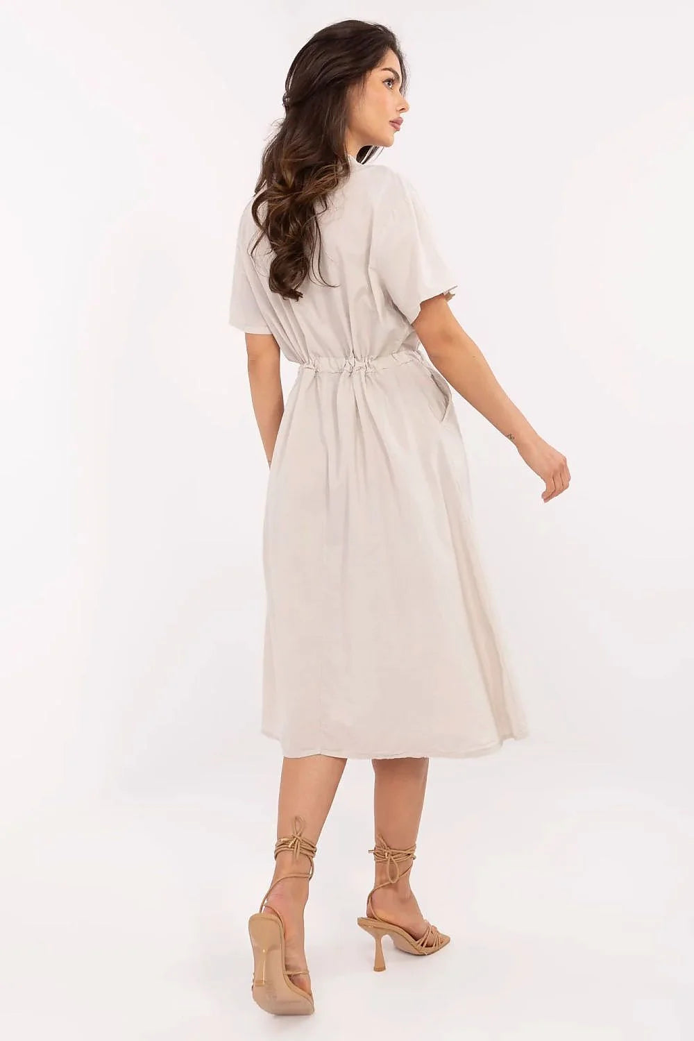Robe de jour Italy Moda élégante coupe évasée mi-mollet col Mao manches courtes poches décoratives coton respirant taille ajustable beige crème femme versatile occasion quotidienne