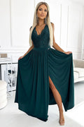 Robe longue élégante verte dentelle bustier fente dos ouvert soirée femme
