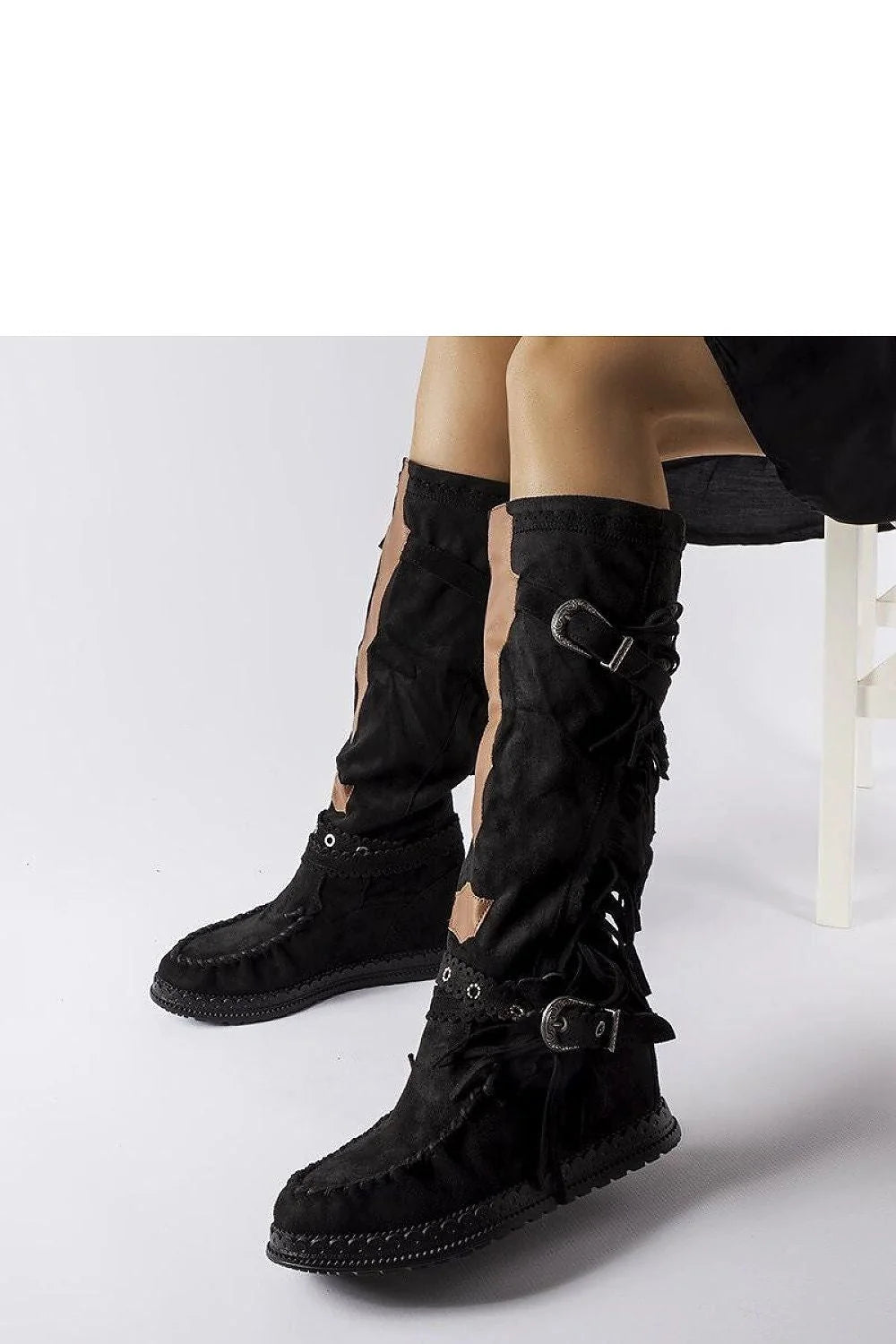 Bottes cothurnes bohèmes en daim noir avec franges et découpes, style rustique, talon compensé, femmes, hiver