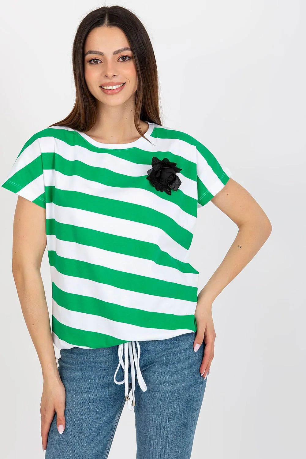 T-shirt femme rayures vertes et blanches fleur noire coton elasthanne porté seul ou en superposition