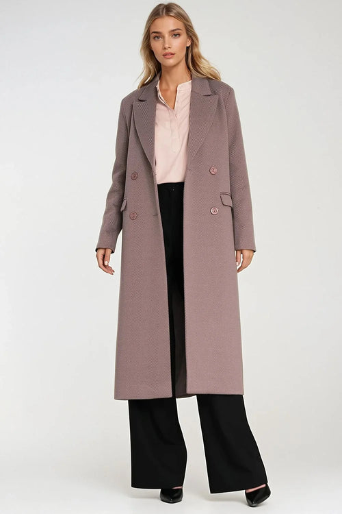 manteau long femme tailleur double boutonnage laine mélangée rose poudré chevrons col cranté poches rabat coupe oversize midi
