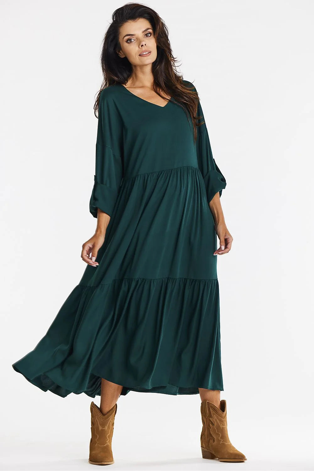 Robe longue ample style kimono vert émeraude manches longues décolleté V en viscose femme occasionnels