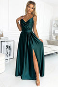 Robe longue élégante Numoco en satin vert émeraude encolure V bretelles fines taille ajustée fente audacieuse occasion spéciale
