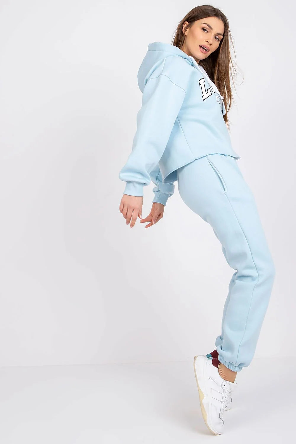 Ensemble Ex Moda femme sweat à capuche crop top hoodie pantalon joggers bleu pastel Londres Champion