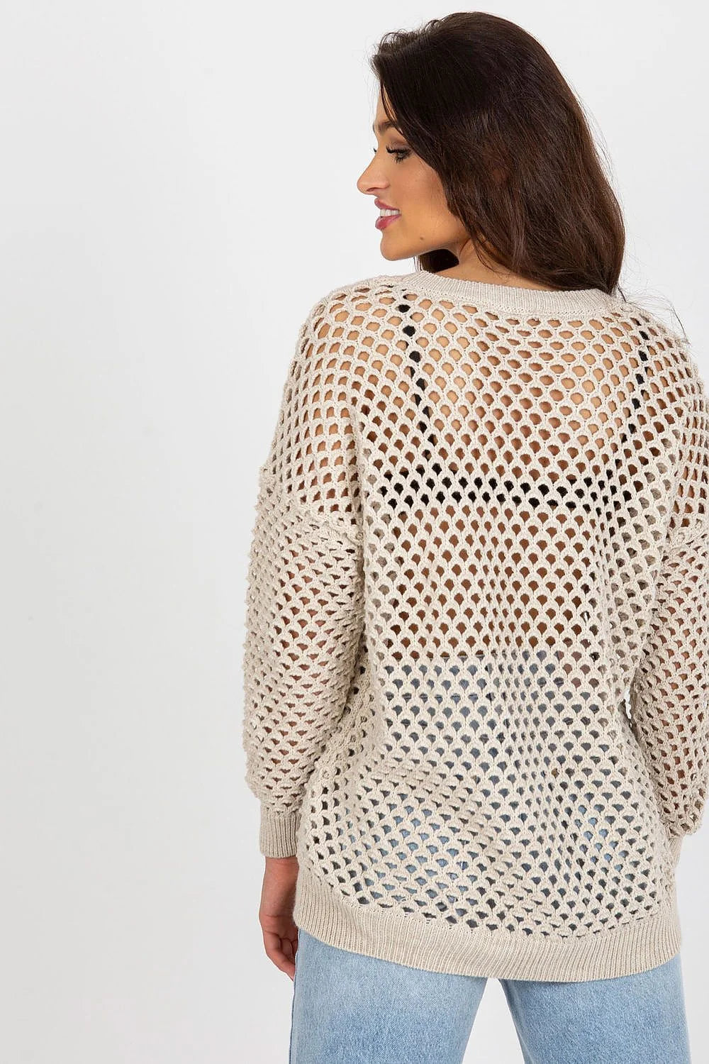 Pull oversize maille ajourée pour femme manches longues encolure ronde style casual couleurs neutres été printemps