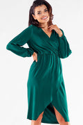 Robe de cocktail élégante longueur midi manches longues élastique vert émeraude femmes occasion formelle