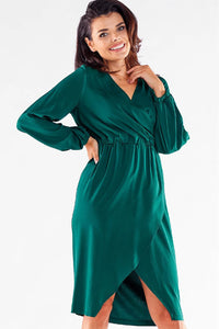 Robe cocktail élégante vert émeraude manches longues bouffantes décolleté v croisé jupe portefeuille soirée formelle femmes polyester