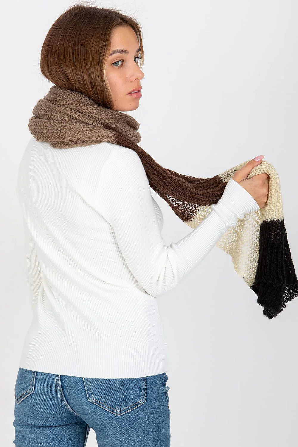 Écharpe tricolore pour femmes beige brun noir acrylique longue 220 cm hiver mode polyvalente élégante décontractée