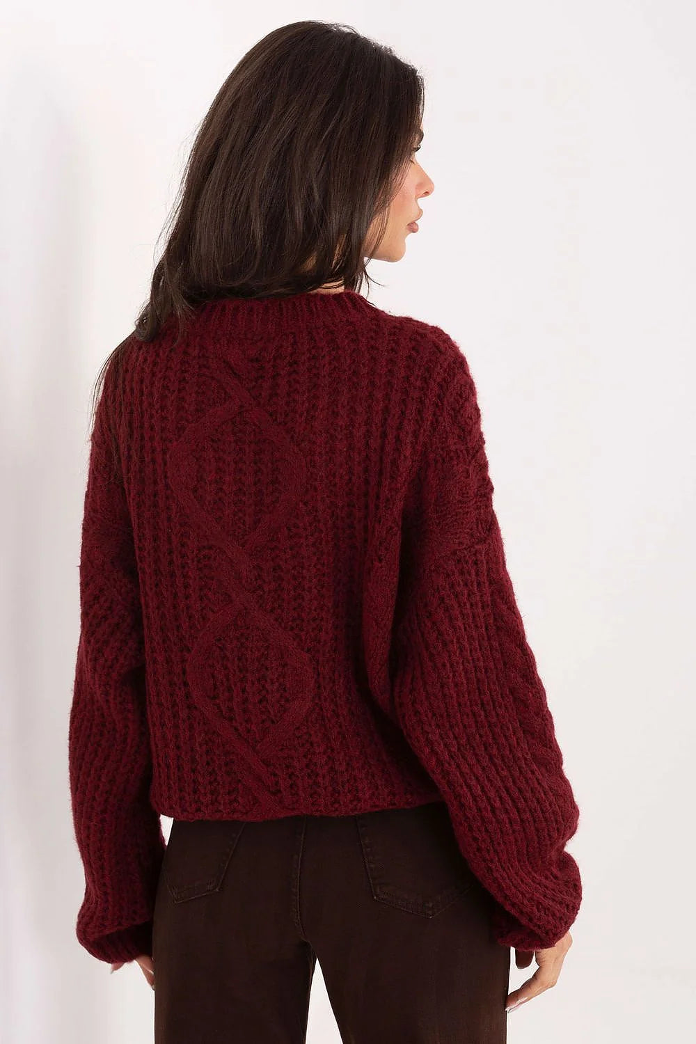 pull oversize femme grosse maille torsadée bordeaux col rond coupe boxy courte manches bouffantes côtelé cocooning