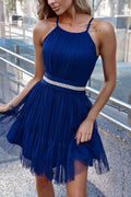 robe soirée longue tulle bleu profond ceinture strass femme élégante plissée dosnu bretelles fines jupe évasée volants doublée corsage ajusté