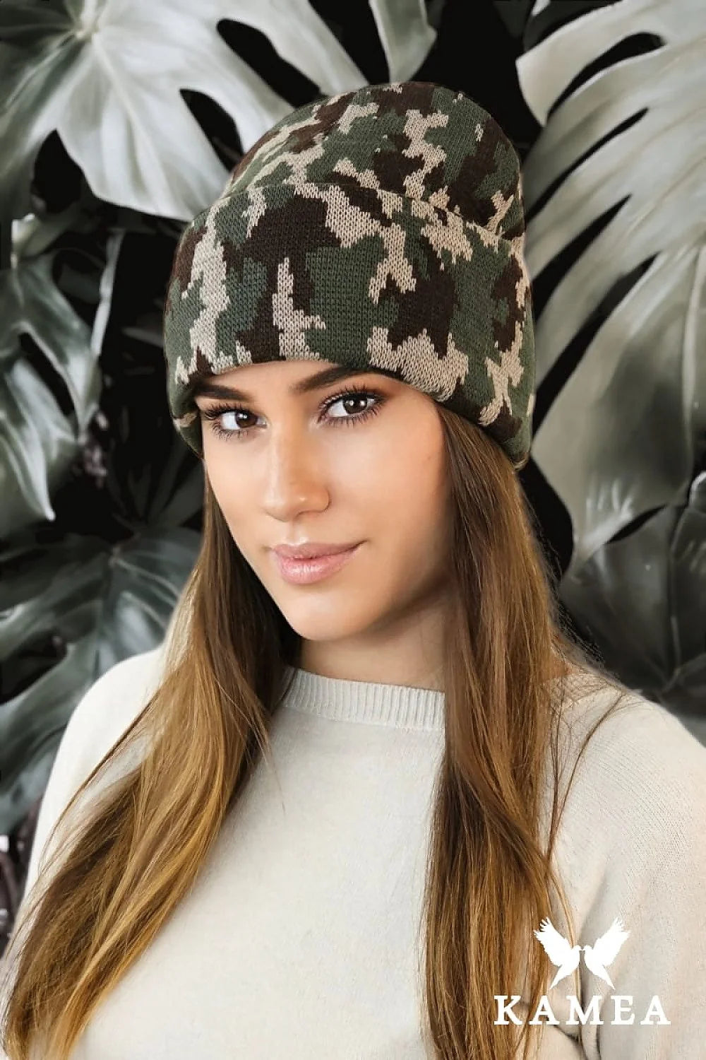 Bonnet d'hiver pour femme en tricot motif camouflage vert brun beige style urbain coupe oversize chaleur confort