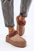 pantoufles mule suédine écologique femme confortables élégantes plateforme 4cm fourrure intérieure isolantes taupe châtain semelle crantée