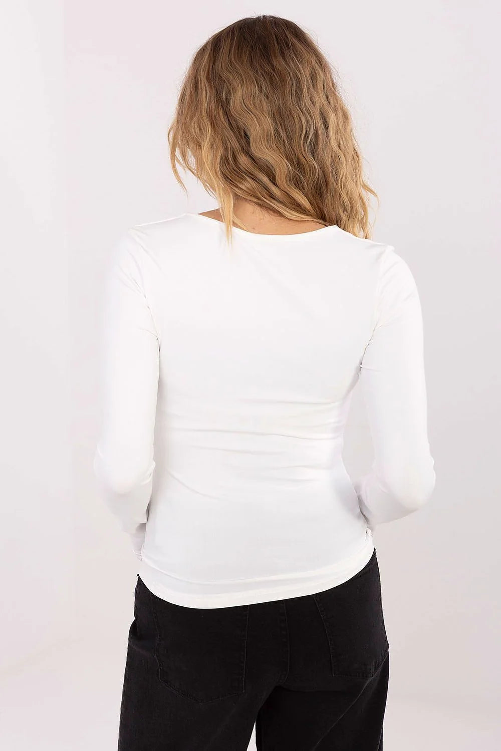 chemisier moulant sculptant blanc décolleté plongeant manches longues passepouce maintien couture souspoitrine jersey extensible nylon elasthanne