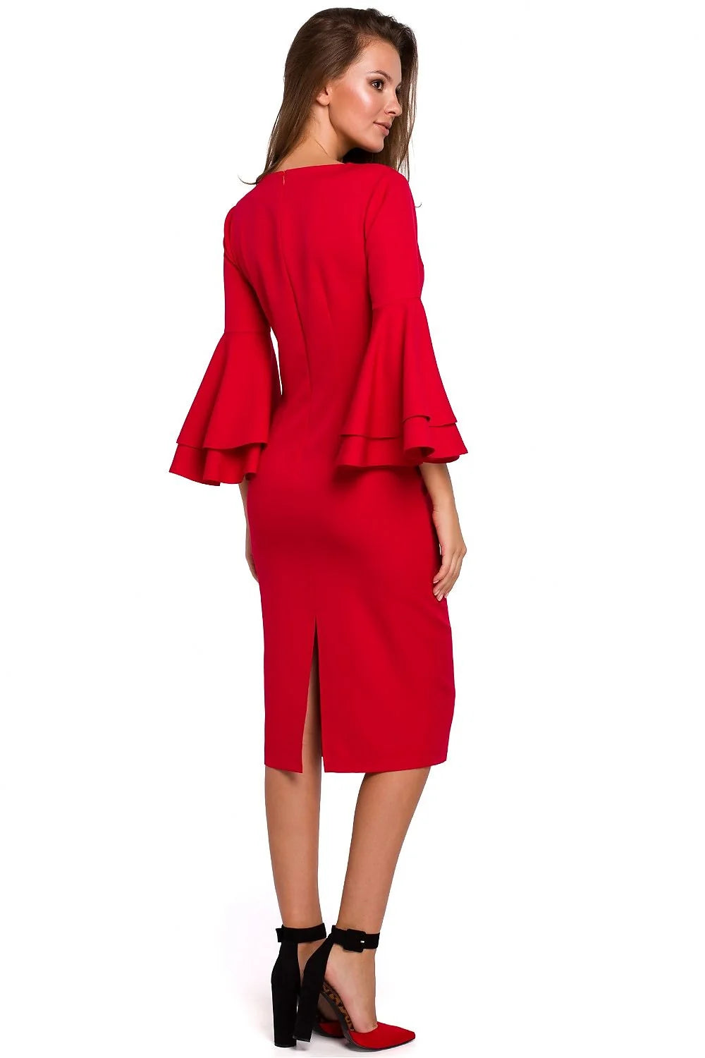robe cocktail noire midi fourreau ajustée silhouette cintrée manches cloche volants doubles col V tissu coton polyester éclair dissimulé