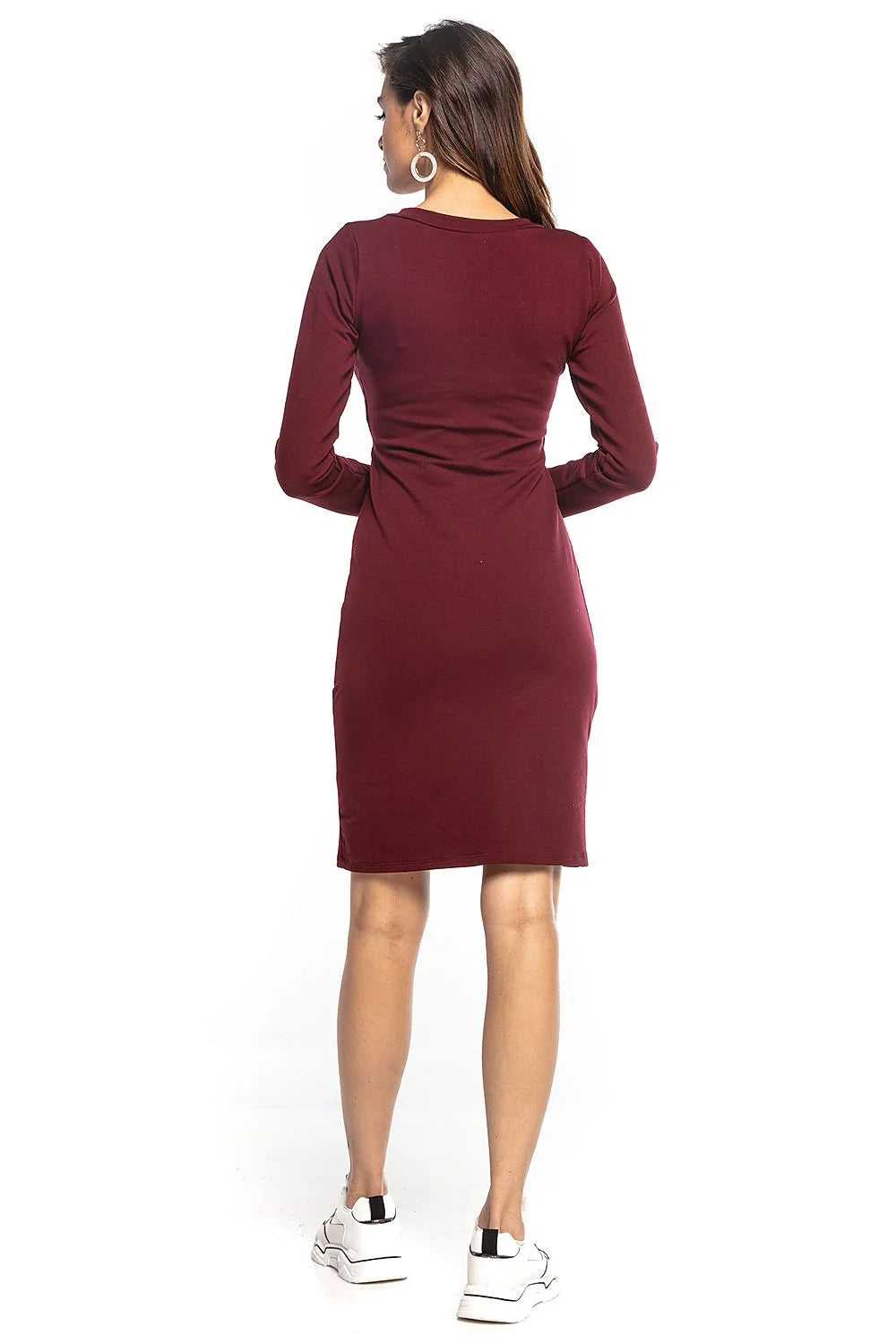 Robe kaki coton moderne élégante coupe ajustée col V manches longues style décontracté chic femmes
