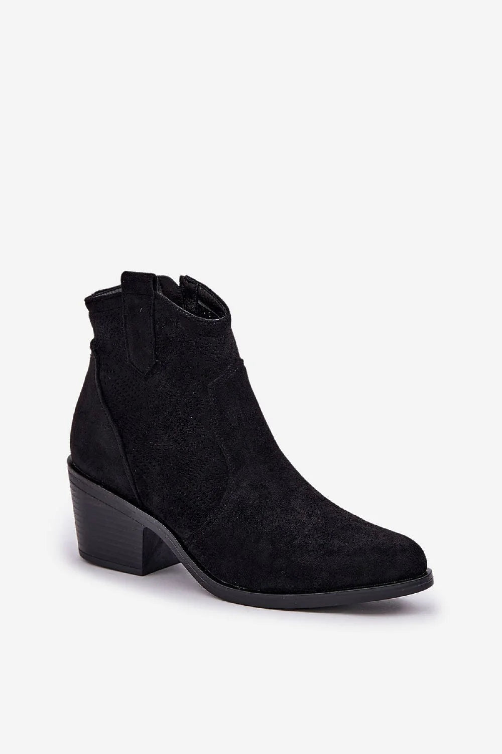 Bottes à talons block noires en daim pour femme, style western intemporel, zipper fonctionnel, semelle caoutchouc, confortable, élégance