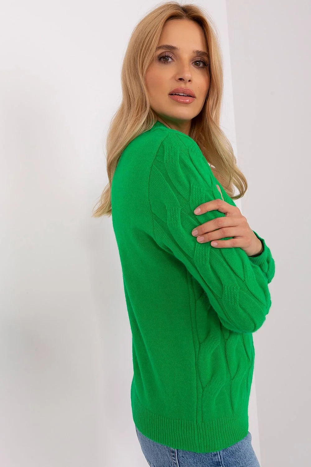 Pull élégant pour femmes maille tricotée texture torsadée vert vif col montant manches longues coupe ample