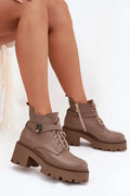bottines femme cuir naturel taupe grainé doublure feutre confortables chaudes talon bloc semelle plateforme crantée bride boucle métal style urbain