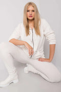 ensemble velours crème blanc sweat zippé capuche cordon poches kangourou jogging serrage taille coupe slim chevilles resserrées coton élasthanne femme