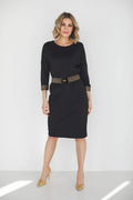 Robe de jour élégante La Aurora longue manches longues encolure arrondie ceinture en tissu motif léopard noir taille ajustable femme