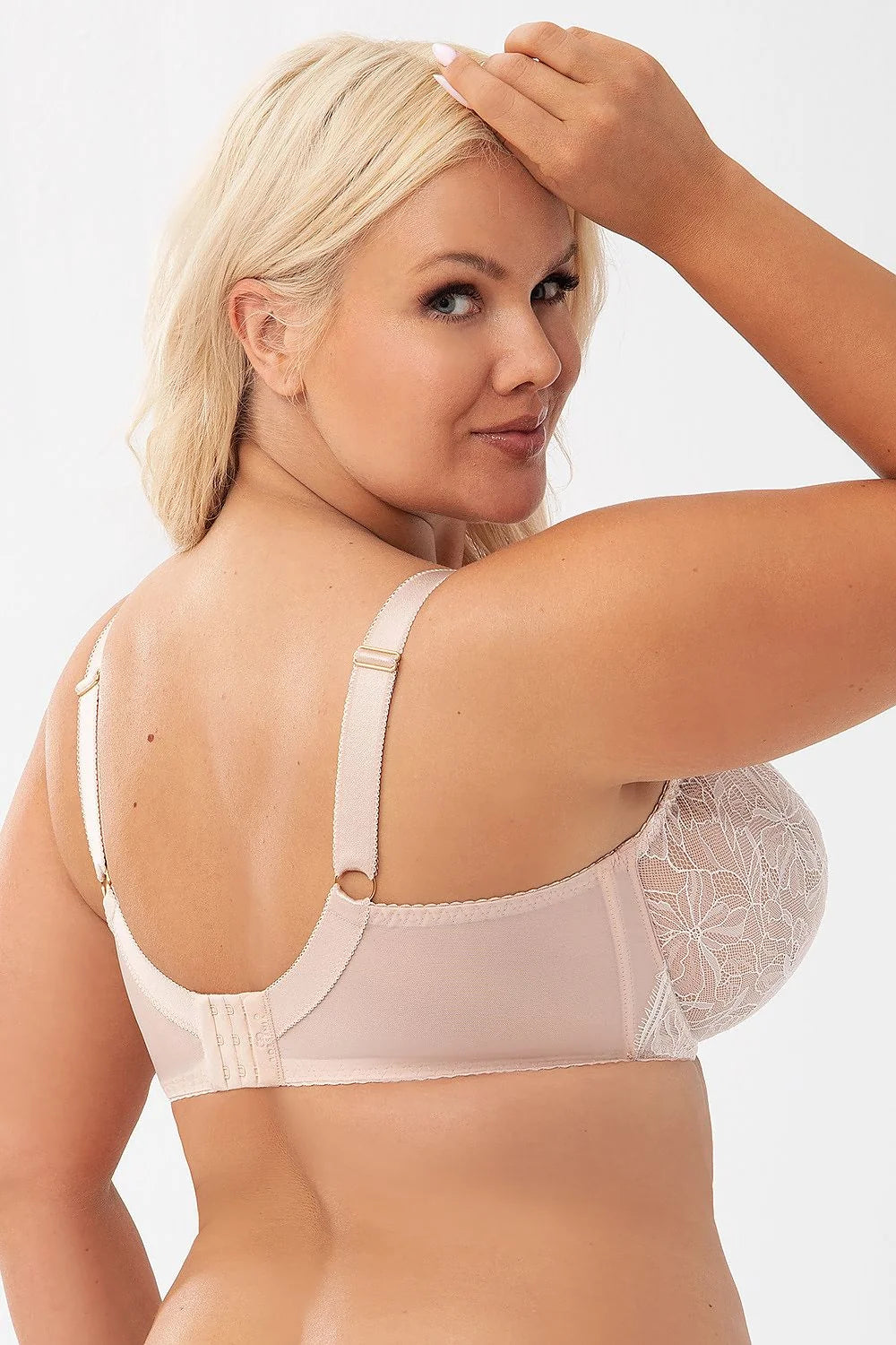 Soutien-gorge Gorsenia Soft Lingerie élégant balconnet nude dentelle floral larges bretelles maintien parfait femme poitrine généreuse