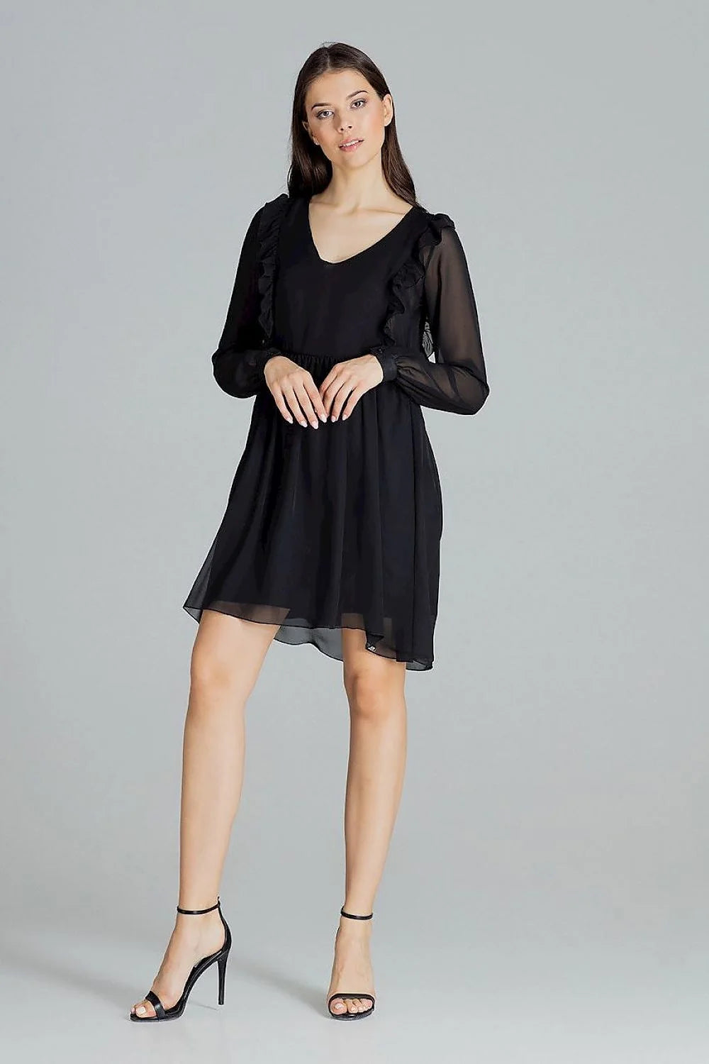 robe cocktail mousseline blanche manches longues volants coupe midi ajustable ceinture intégrée col V décolleté romantique fluide doublure opacité élégante