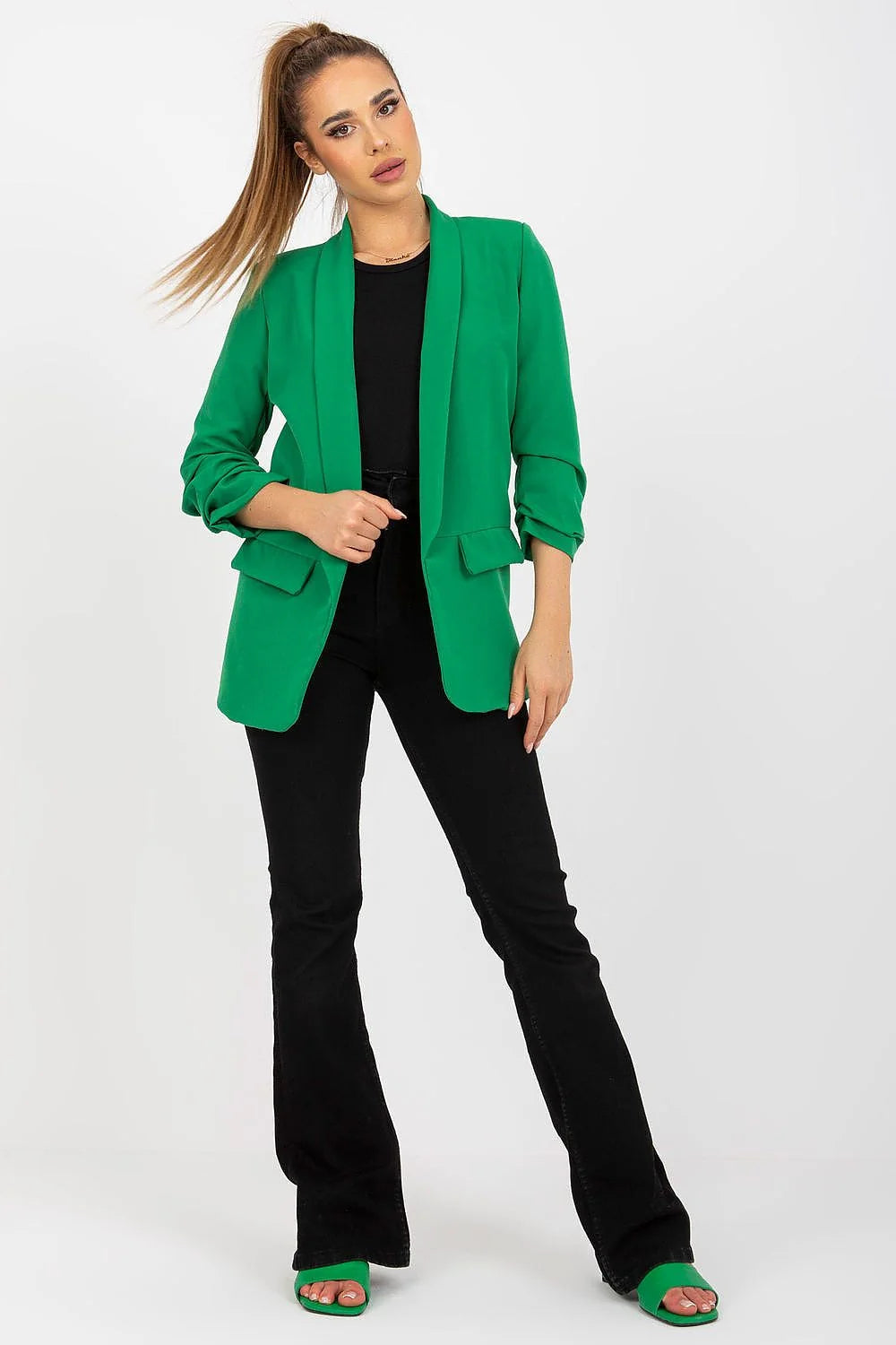 Blazer femme crêpe fluide élégant marron cognac ajusté manches retroussées col châle poches rabat