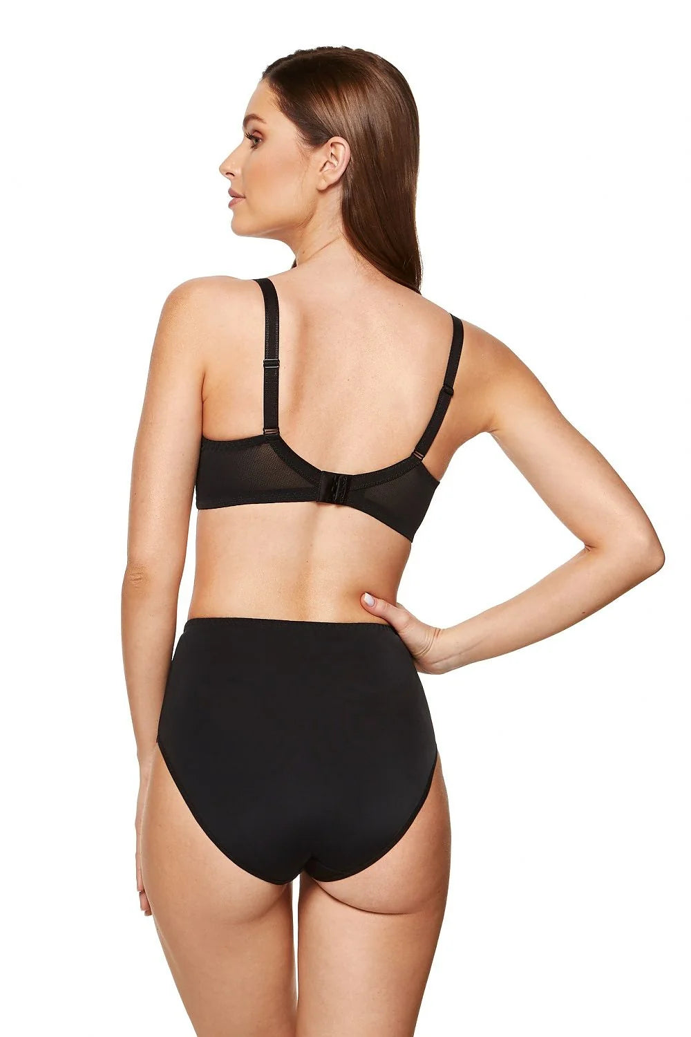 Ensemble lingerie noire minimaliste tissu mesh doux高 taille haute soutien-gorge V plongeant sans armatures femme