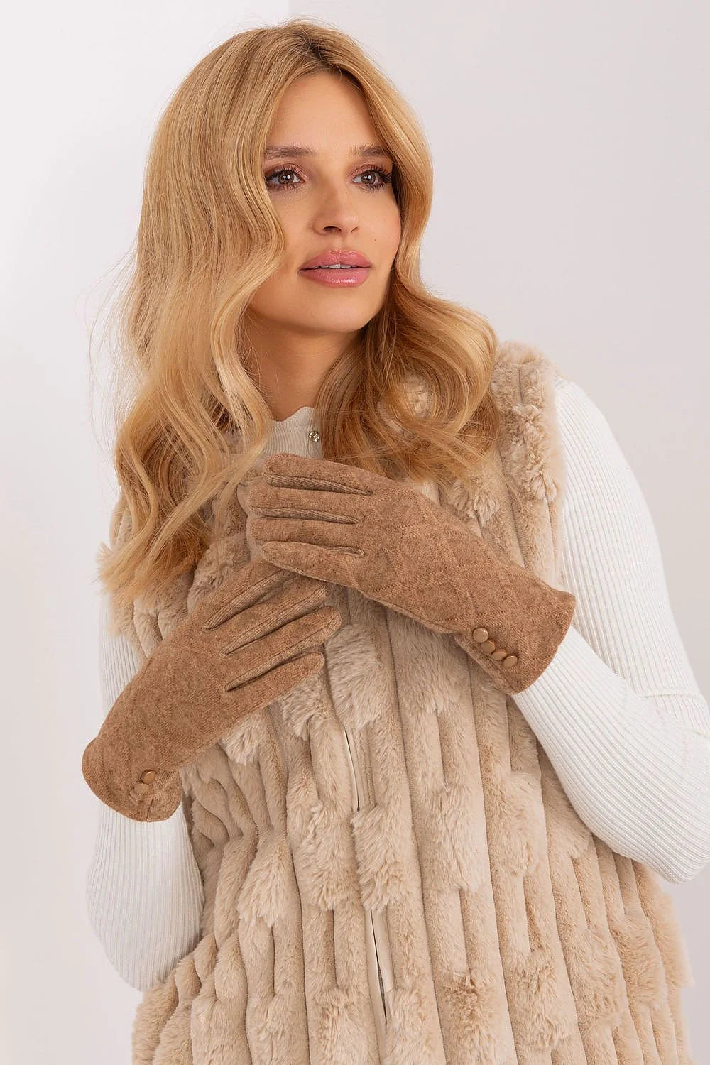 Gants élégants pour femme en suédine motif géométrique décoratif boutons poignet gilet sans manches fourrure imitation beige camel