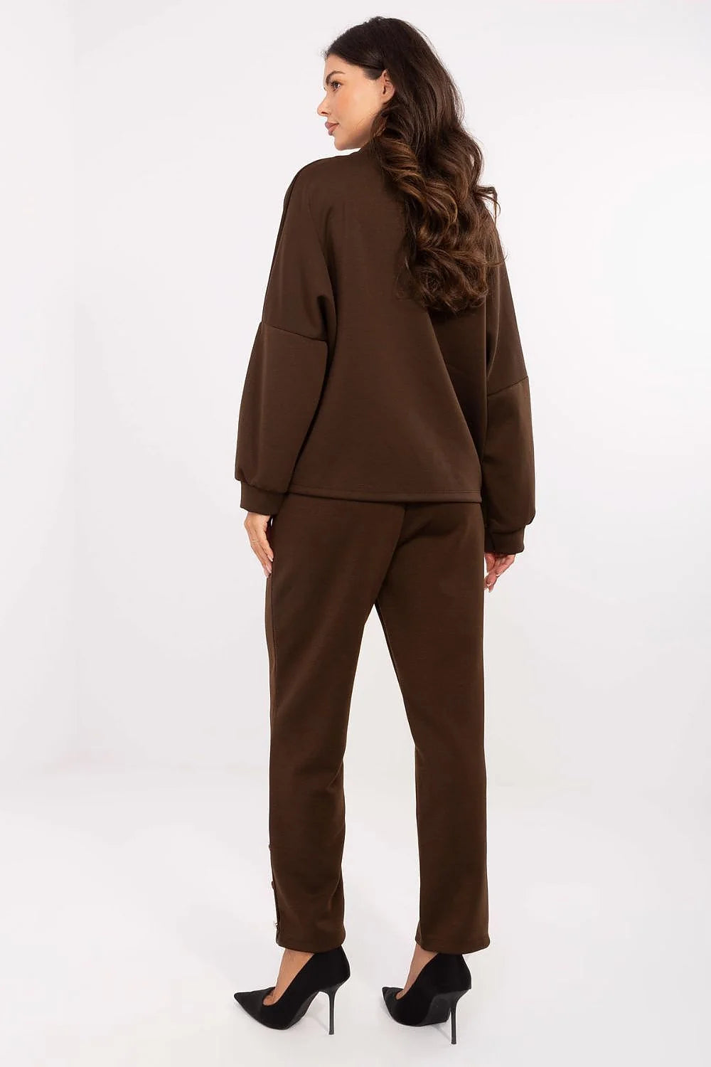 ensemble femme casual chic marron chocolat loungewear élégant molleton doux beurré viscose élasthanne pull col châle pantalon taille haute élastique