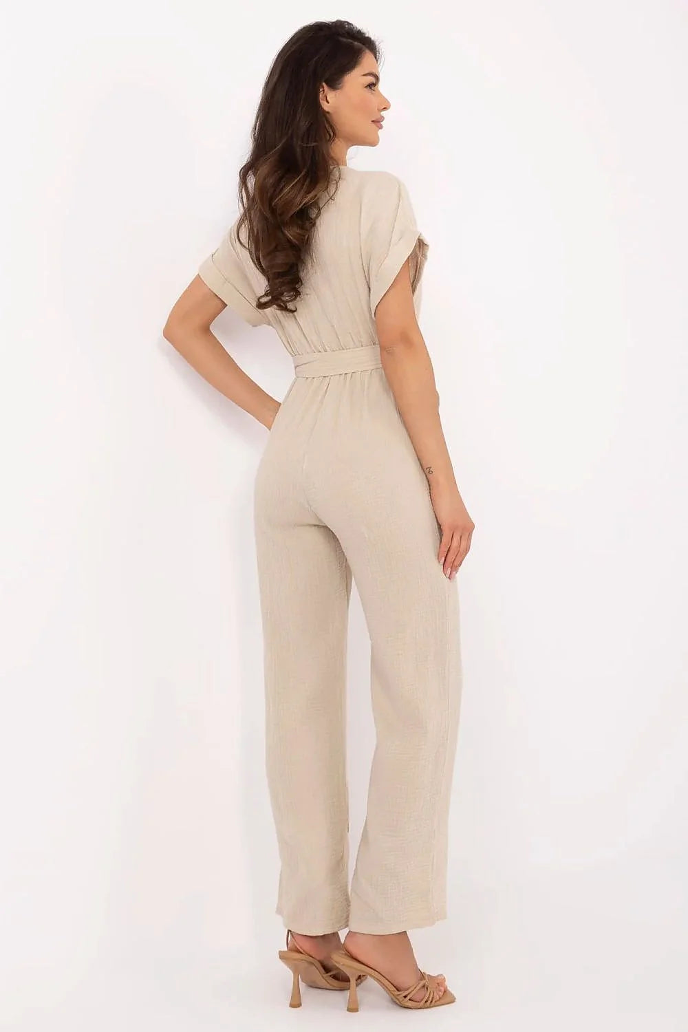 Combinaison pour femmes élégante longue manches courtes col V croisé beige clair ceinture nouée coupe fluide mode intemporelle