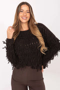 pull crop maille épaisse oversize franges bohème chic brun ébène coupe courte ample col rond manches bouffantes bouclée cocooning hivernal